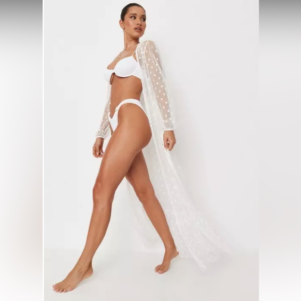 Missguided White Dobby Mesh Frill Hem Beach Cover Up Kimono size 8 medium